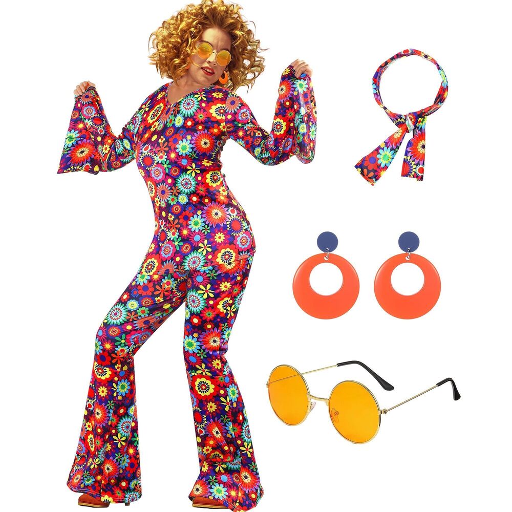 1615 6 Pcs 60s 70s Disco Outfit Women Hippie Costume Accessoriess Flared Pants